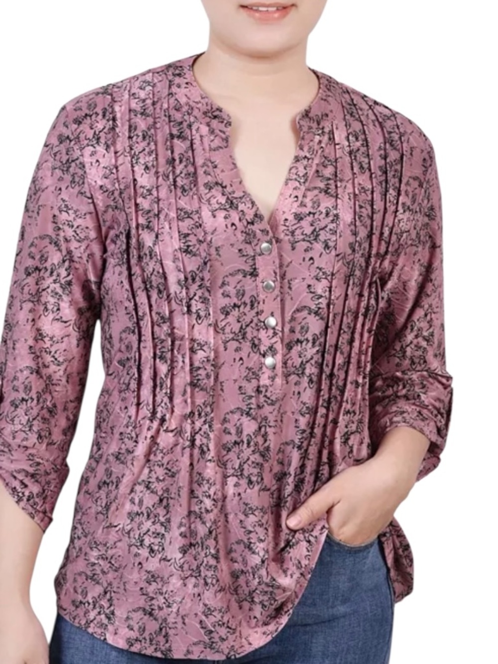 Women's 3/4 Roll Tab Sleeve Y-neck Top - Mauve Floral, Size M - NWT - Picture 4 of 4